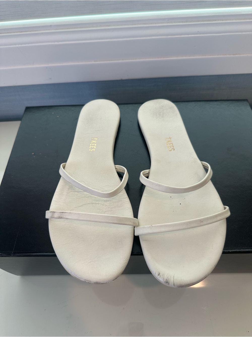 TKEES White Double-Strap Slide Sandals